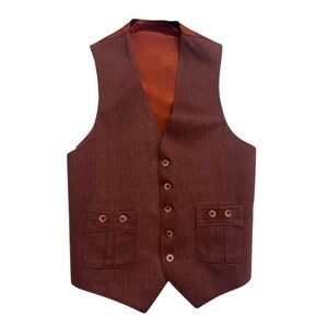 vtg 70s Rust Brown 36R Slim Suit Vest Waistcoat Retro Disco Mens Cotton Blend